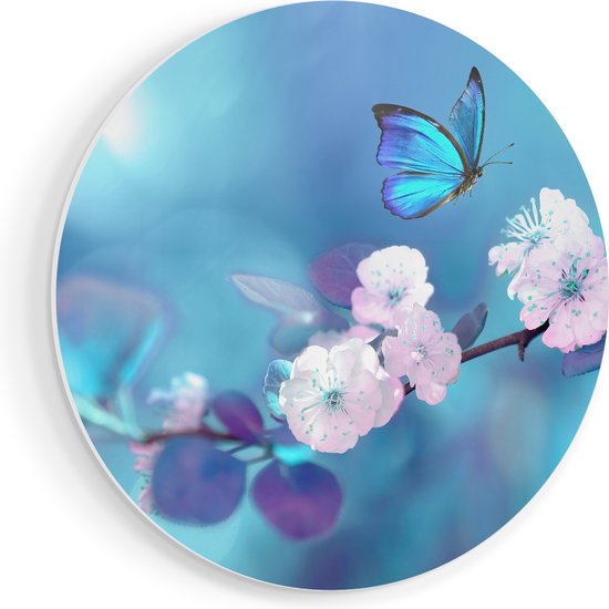 Artaza Muurcirkel - Blauwe Vlinder Bij Een Roze Bloem - Wandcirkel - Rond Schilderij