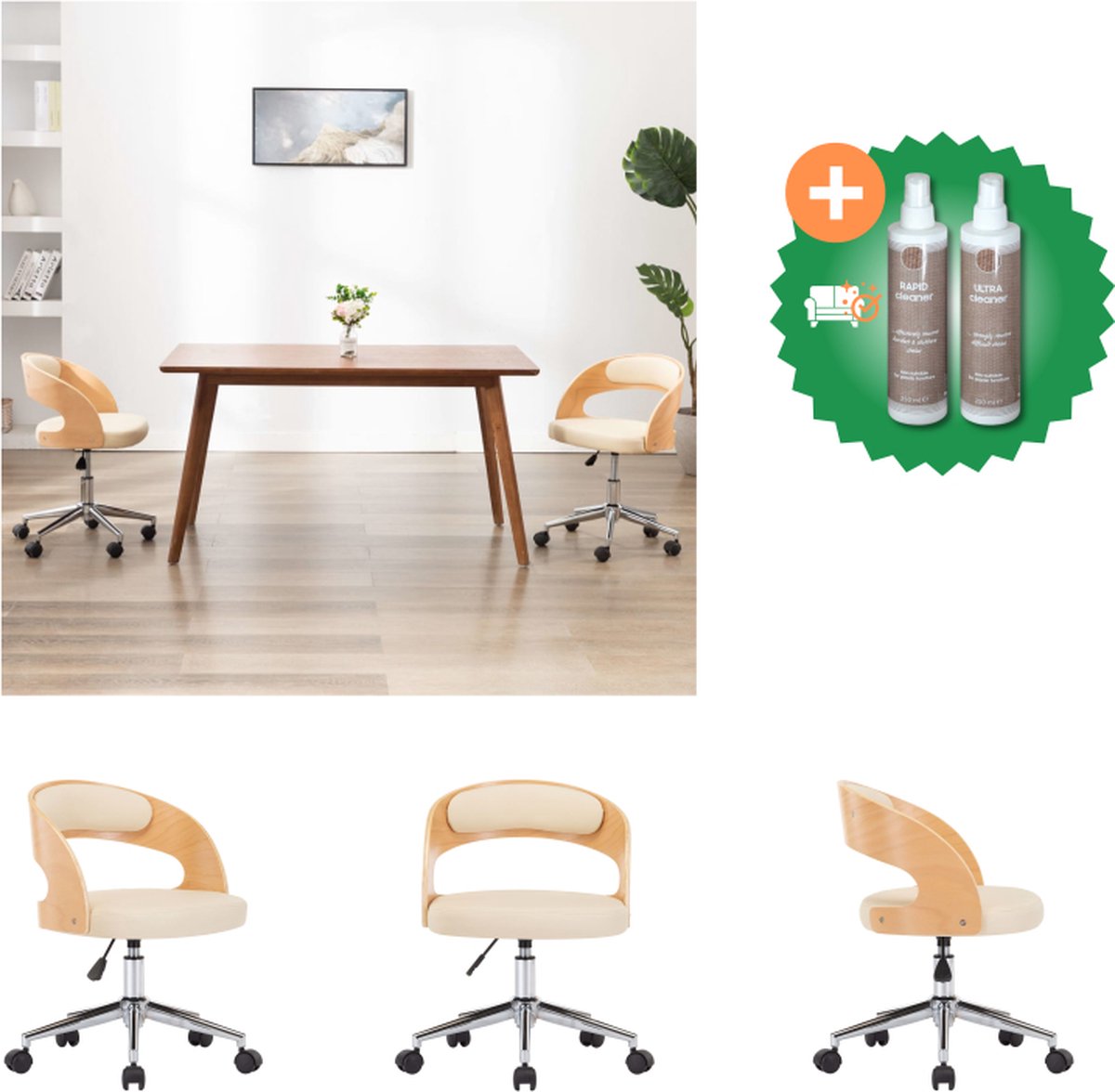 vidaXL Kantoorstoel draaibaar gebogen hout en kunstleer crème - Bureaustoel - Inclusief Onderhoudsset