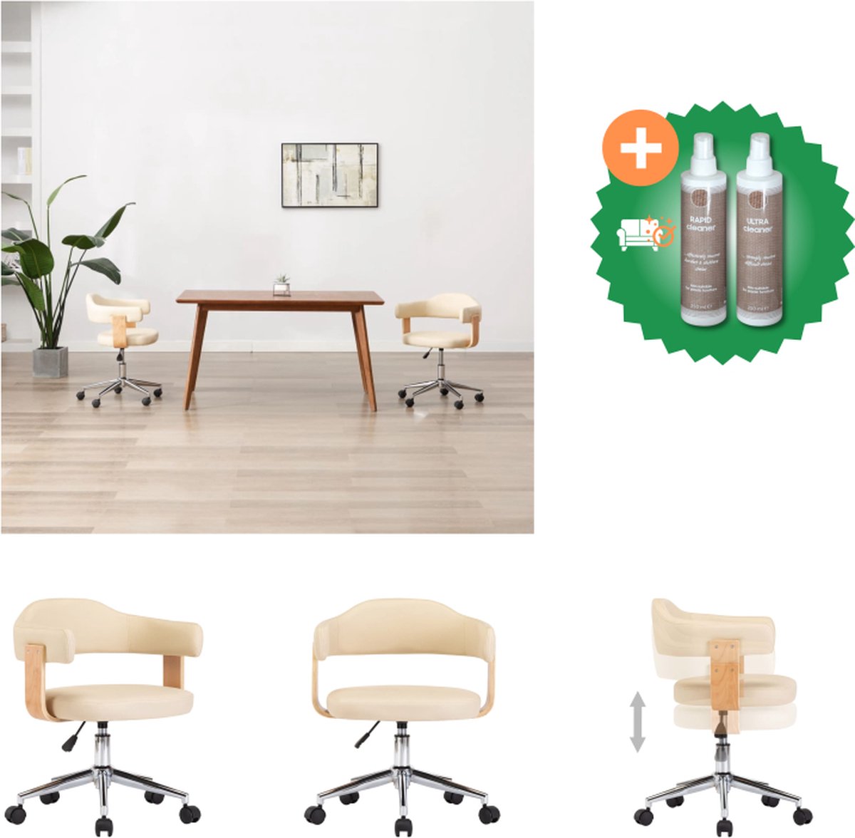 vidaXL Kantoorstoel draaibaar gebogen hout en kunstleer crème - Bureaustoel - Inclusief Onderhoudsset