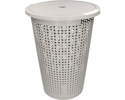 Wasmand met deksel - grijs - 35 liter - 40 x 52 cm - kunststof - rond - wasbox - mand voor wasgoed