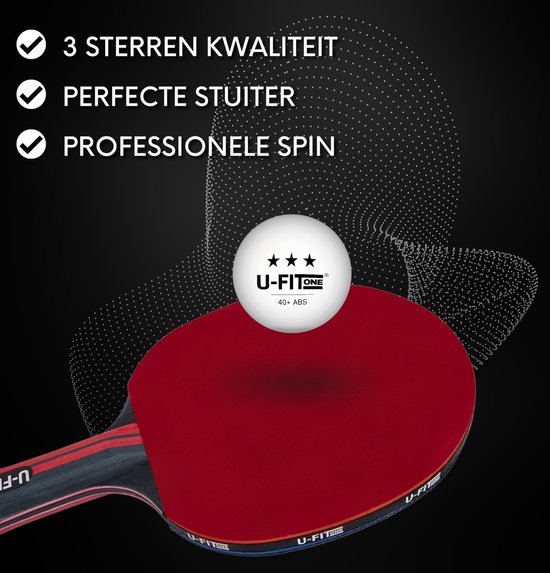 Witte tafeltennisbal met U-Fit One logo en drie sterren, boven een rode tafeltennisracket.