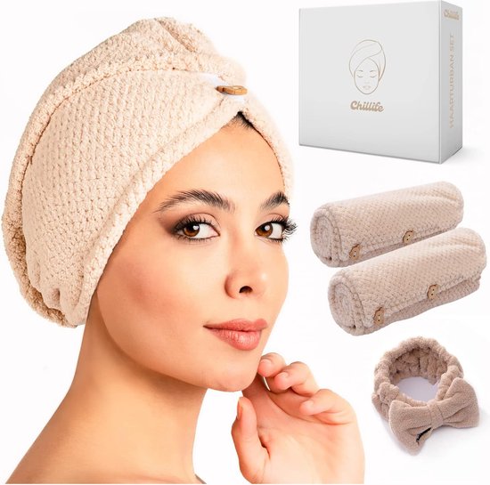 haartulbandset, hoofdhanddoek met knoop, microvezel handdoekenset bestaande uit 2 microvezel handdoeken en 1 haarband, sneldrogend, tulband, verstelbare maat (beige)