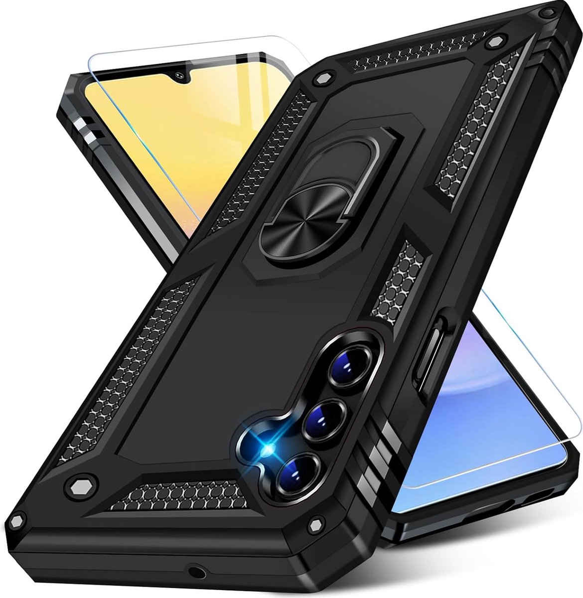 Casemania Hoesje Geschikt voor Samsung Galaxy A15 Zwart & Glazen Screenprotector - Anti-Shock Hybrid Armor Back Cover - Hoes met Kickstand Ring
