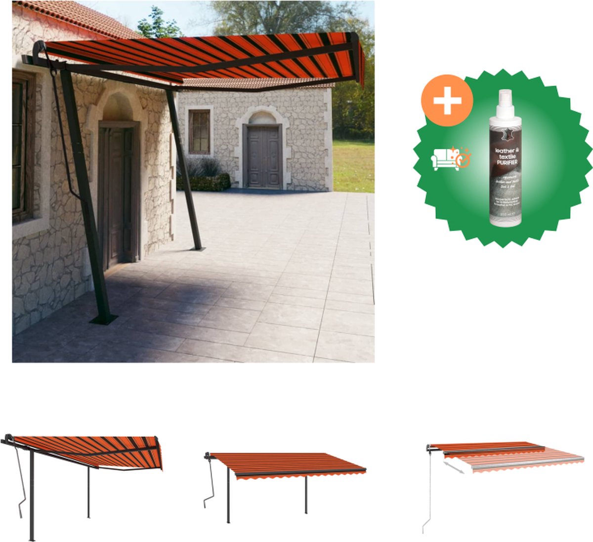 VidaXL Luifel handmatig uittrekbaar met palen 4x3 m oranje en bruin Vensterzonwering Inclusief Reiniger