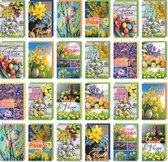 24 Paaskaarten - wenskaarten met gekleurde envelop - Pasen - Tulp - Narcis - Eieren - Paashaas - Forsythia - 11,5 x 17 cm