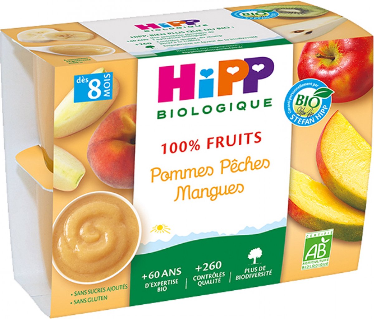 Goedkoopste HiPP 100 Fruit Appel Perzik Mango van 8 Maanden Biologisch 4 Potten