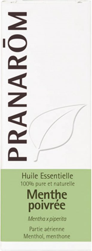 Doosje pepermuntolie met Pranarôm logo, blad en tekst 'Menthe poivrée'.