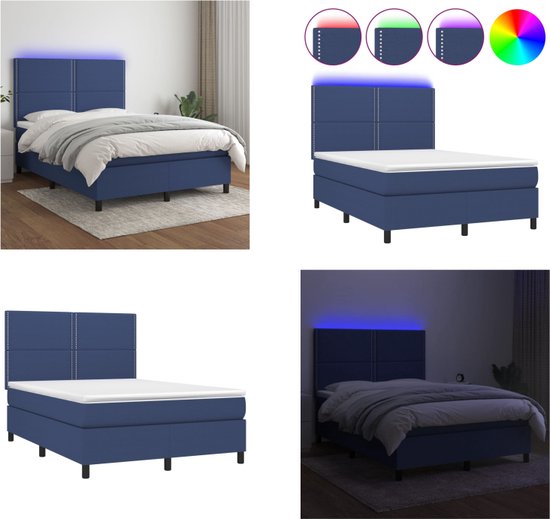 vidaXL Boxspring met matras en LED stof blauw 140x190 cm - Boxspring - Boxsprings - Bed - Slaapmeubel