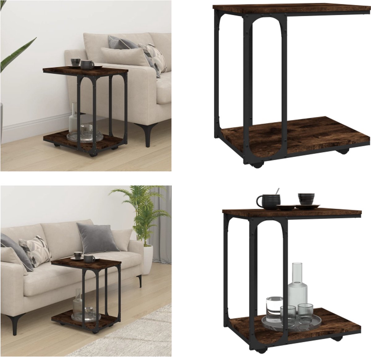 vidaXL Bijzettafel - met - wieltjes - 50x35x55,5 - cm - hout - gerookt - eikenkleur gerookt eiken