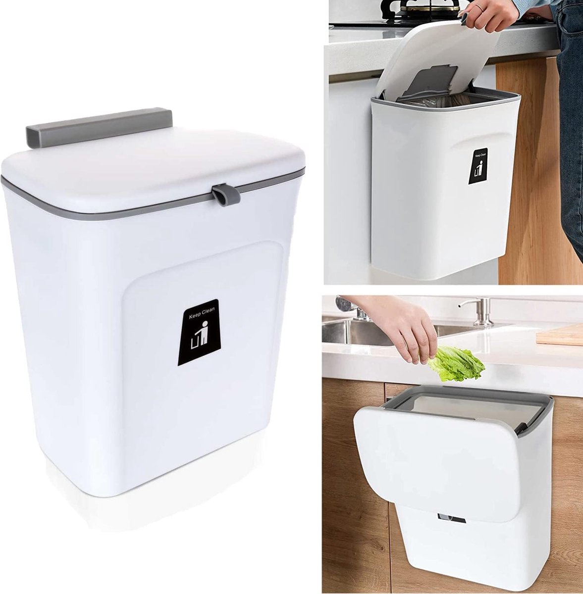 Goedkoopste Keukenafvalemmer met deksel, 9 liter, hangende afvalemmer
