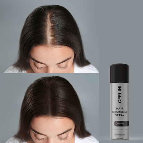Vrouw met donker haar, voor en na gebruik van donkerbruine haarverdikker spray.