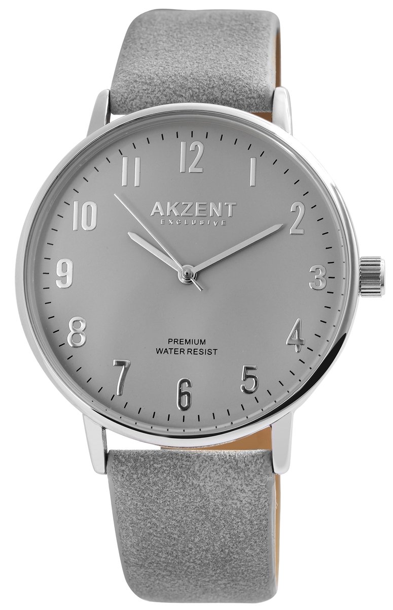 Akzent-Heren horloge-Analoog-Rond-42MM-Zilverkleurig-Grijs lederen band.