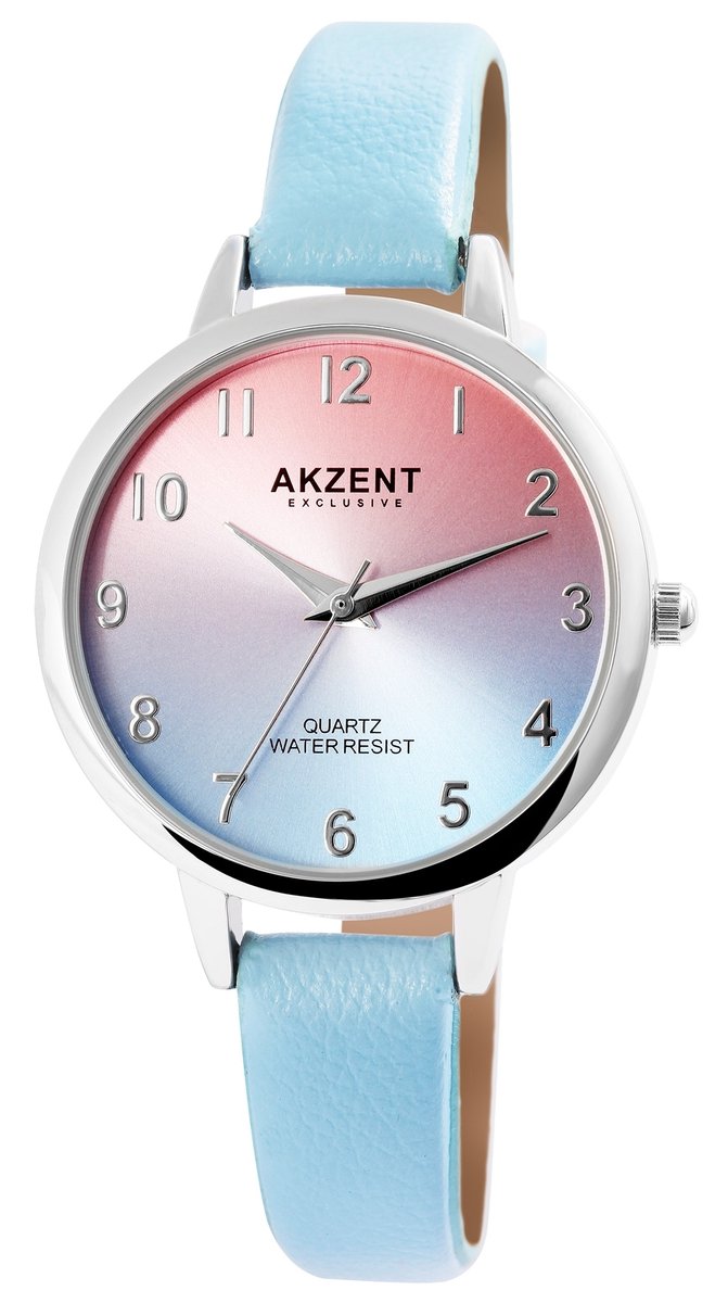 Akzent-Dames horloge-Analoog-Rond-34MM-Zilverkleurig-Blauw lederen band.