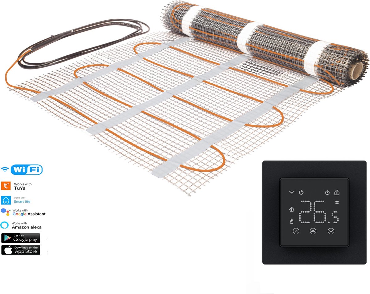 Solidparts Elektrische vloerverwarmingsset 1.0m2 met Wifi thermostaat Zwart