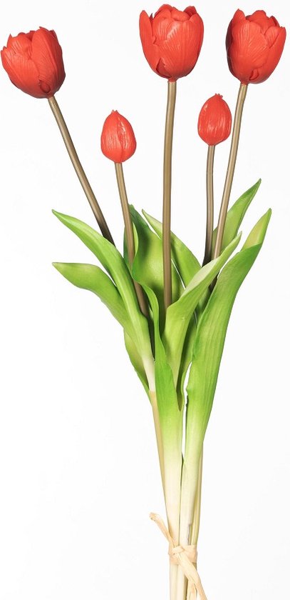 Real Touch Tulip Dubble Bundle x5 L44cm Red - Real Touch Tulpen - Rood- Tulpen - Kunstbloemen - Kunst Tulpen - Kunst Boeket - Tulp - 44 CM - Zijden Bloemen - Latex Bloem - Bruiloft - Voorjaar - Lente