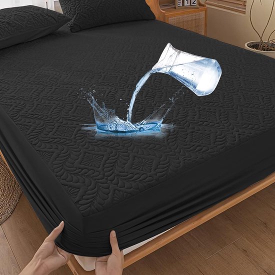 Waterdichte matrasbeschermer 120 x 200 cm hoeslaken luxe, 3D-patroon, superabsorberend, ademende matrashoes, waterdichte matrasbescherming, vochtbescherming, hoeslakens - zwart