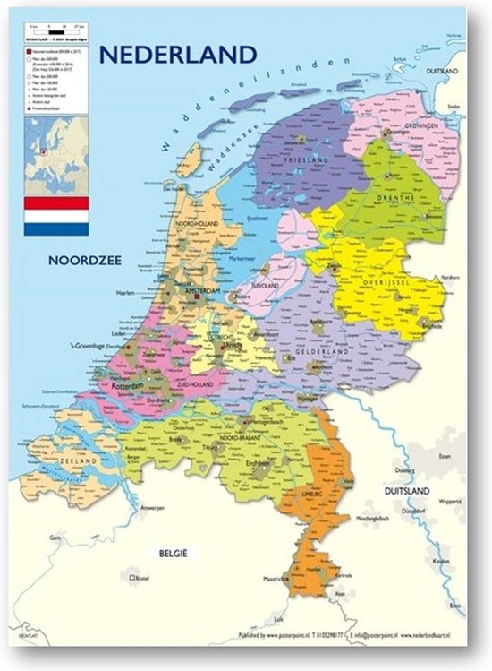 Gekleurde kaart van Nederland met Noordzee en België.