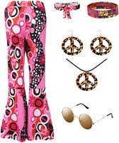 Carnavalskleding dames - carnaval kostuum dames set uit de jaren 70 - uitlopende hippie broek - inclusief hippie accessoires