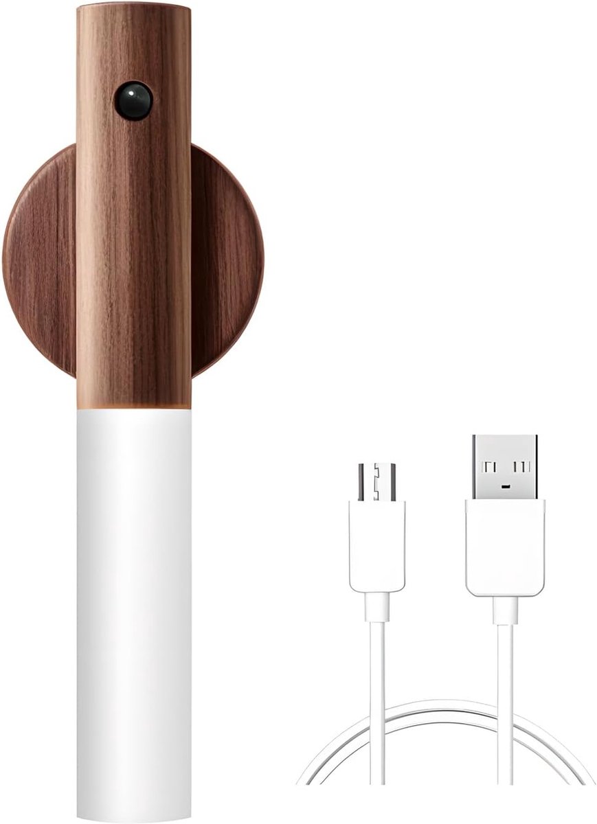 USB-oplaadbare houten wandlamp voor binnen, wandlamp met bewegingsmelder, warmwit, draadloze accu, wandlampen met schakelaar, magnetische bedlamp, werkt op batterijen, voor slaapkamer, trap (A) [Energieklasse A++]