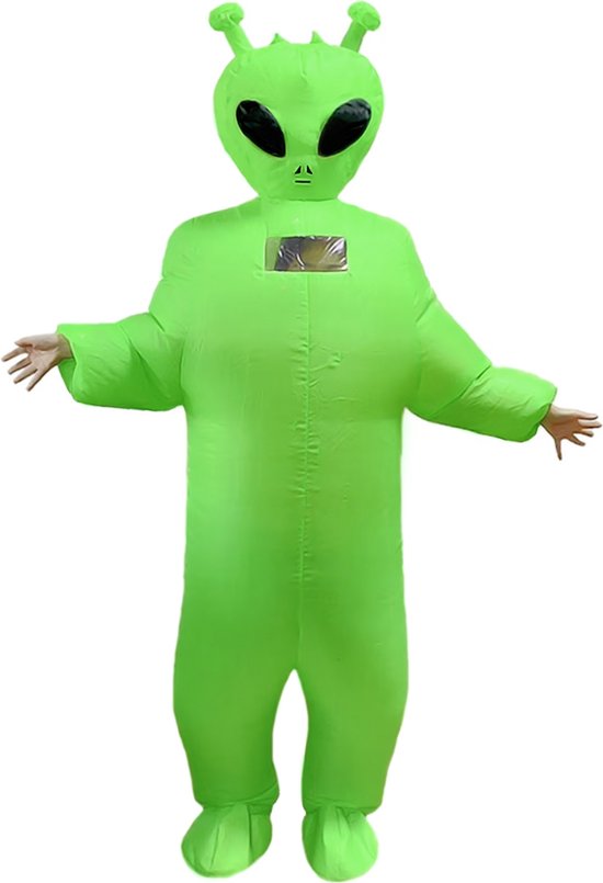 KIMU® Opblaas Kostuum Lange Groene Alien Kinderen 120 tot 150 cm - Opblaasbaar Pak - Alienpak Mascotte Opblaaspak - Opblaasbare Ruimtewezen Festival