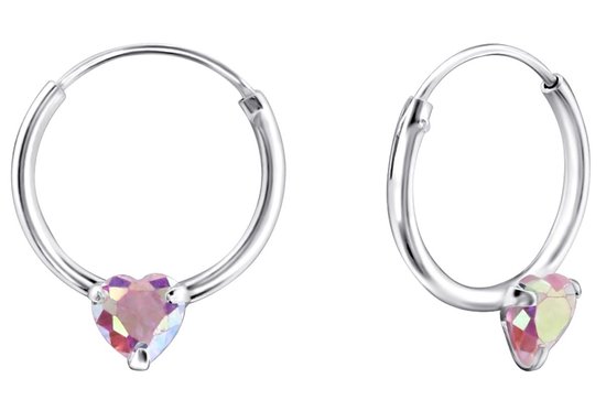 Joy|S - Zilveren oorbellen hartje - oorringen 12mm met roze/ paarlemoer hartje kristal