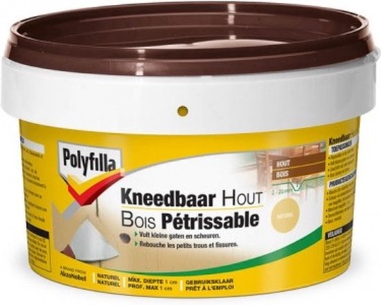 Polyfilla Kneedbaar Hout: pot met gele verpakking, bruine deksel. Tekst 'Kneedbaar Hout Bois Pétrissable Naturel'.