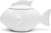 Riviera Maison Pot de Conservation Faïence Wit avec couvercle - Fish Storage Pot de conservation décoratif poisson