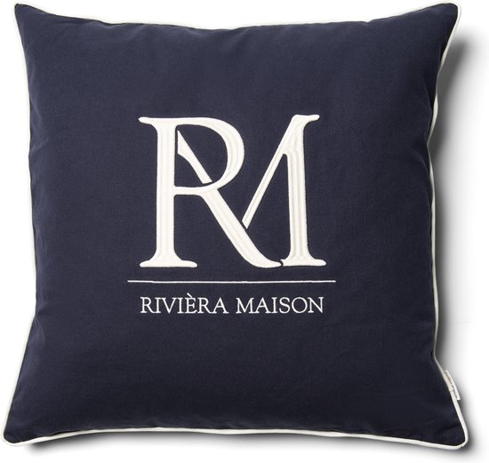 Riviera Maison Kussenhoes 60x60 blauw met witte tekst RM logo - RM Monogram sierkussen vierkant