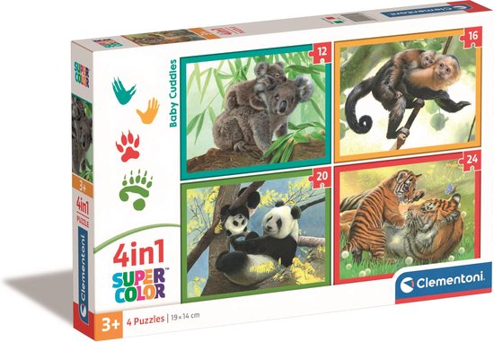 L'emballage du set de puzzle Clementoni 4-en-1 'Baby Cuddles'.