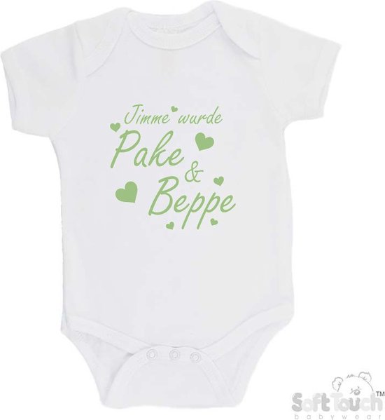 Foto: 100 katoenen romper jimme wurde pake beppe met hartjes zwangerschapsaankondiging fries unisex katoen wit sage green salie groen maat 62 68