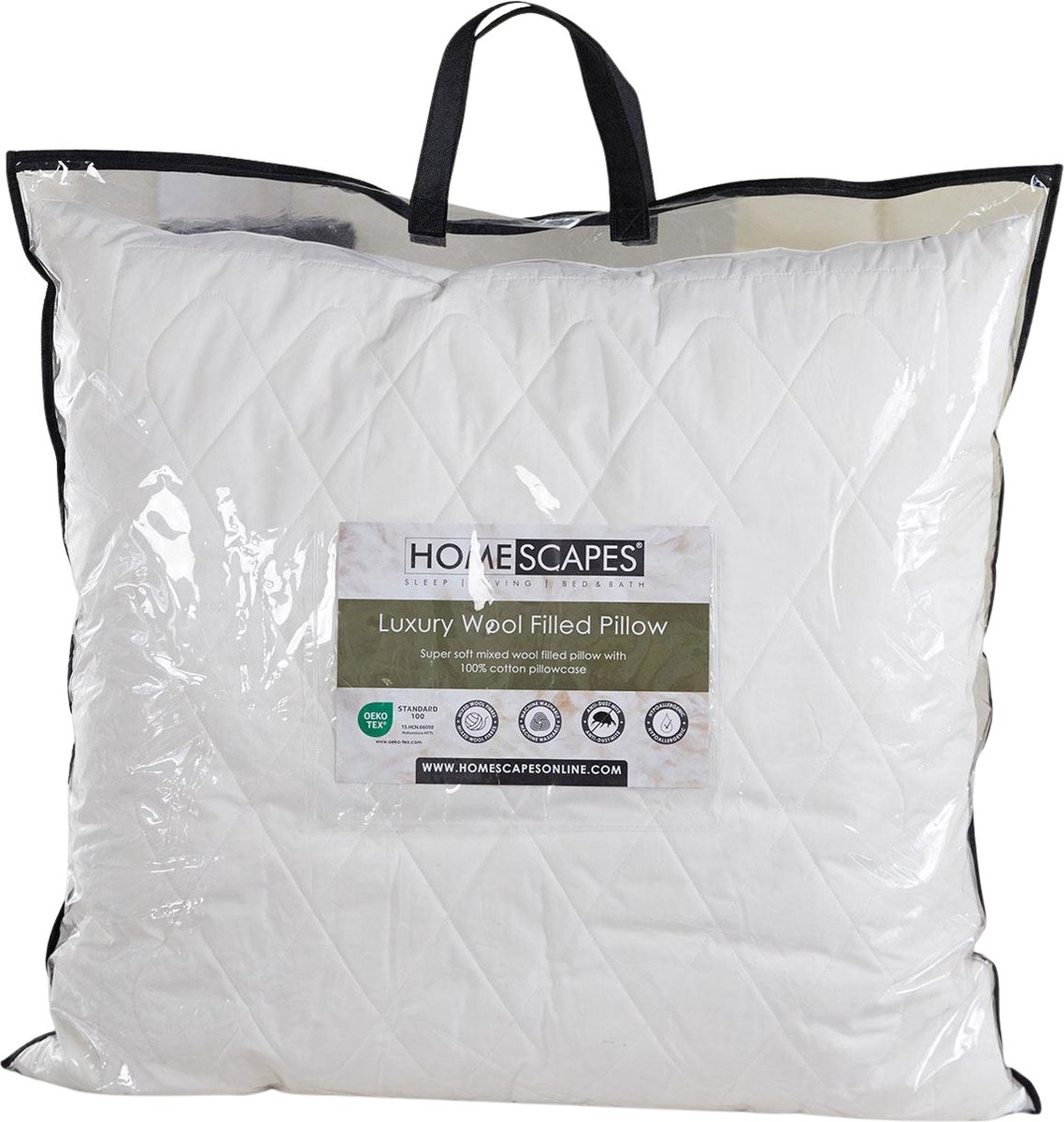 Homescapes Schapenwol hoofdkussen 65x65 cm - medium-zacht kussen met wolvulling & gevoerde hoes Creme