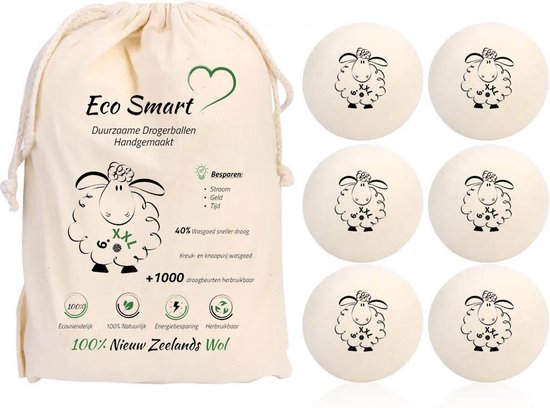 Eco Smart 6XXL Balles de séchage - Boules de séchage de laine durables - Boules de sèche-linge - 100% laine de mouton de Nouvelle-Zélande - produits d'économie d'énergie 6 pièces