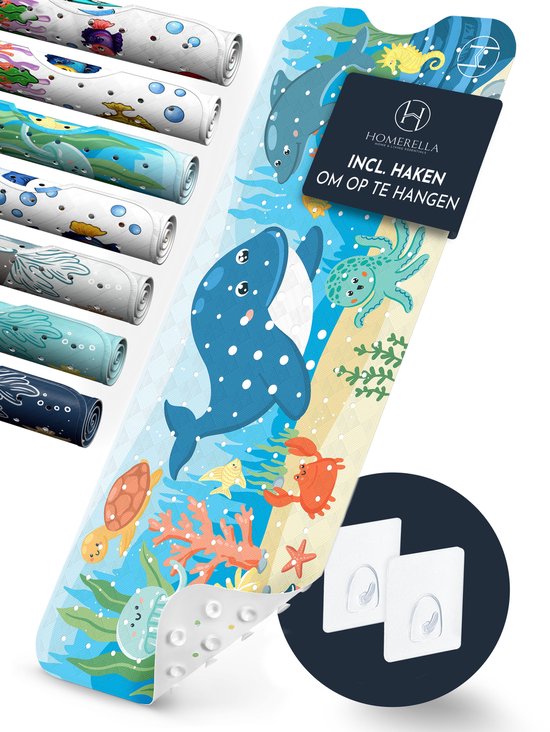 HOMERELLA Badmat antislip voor kinderen - 100x40cm -100% BPA-vrij antislipmatten - Inclusief 2x ophanging - Badmatten schimmelbestendig & machine wasbaar