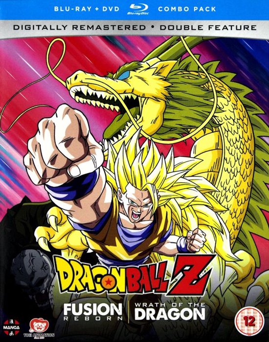Gokou met lang geel haar vecht met een gele draak met het opschrift "Dragon Ball Z Fusion Reborn Wrath of the Dragon".