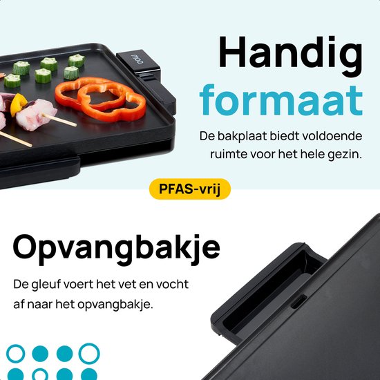 Zwarte grillplaat met groentespiesen en paprika. Met opvangbakje en text "PFAS-vrij".