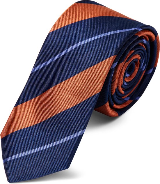 Trendhim Marineblauwe zijden stropdas met oranje en pastelblauwe strepen voor heren - 6 cm