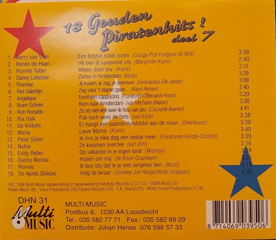 Albumhoes met titel "18 Gouden Piratenhits! deel 7". Lijst met 18 nummers en artiesten.