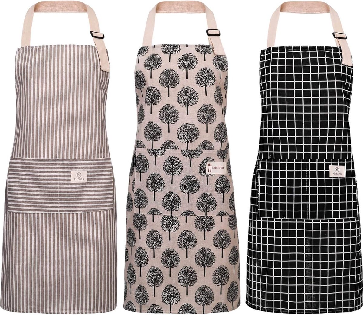 3-delige keukenschort koksschort dames verstelbaar met zakken vlekbestendig heren linnen katoen keuken familie restaurant café barbecueschort grijs