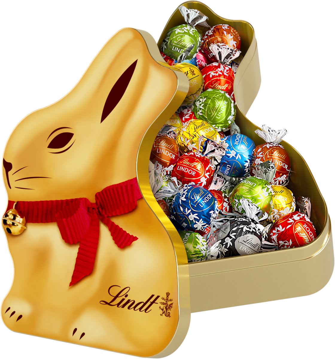 Lindt GOLD BUNNY blik met Bonbons - Gouden paashaas blik - 350 gram LINDOR Bonbons - Pasen cadeau - Paaschocolade - Herbruikbaar Pasen blik - Lindt