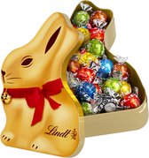 Lindt GOLD BUNNY blik met Bonbons - Gouden paashaas blik - 350 gram LINDOR Bonbons - Pasen cadeau - Paaschocolade - Herbruikbaar Pasen blik