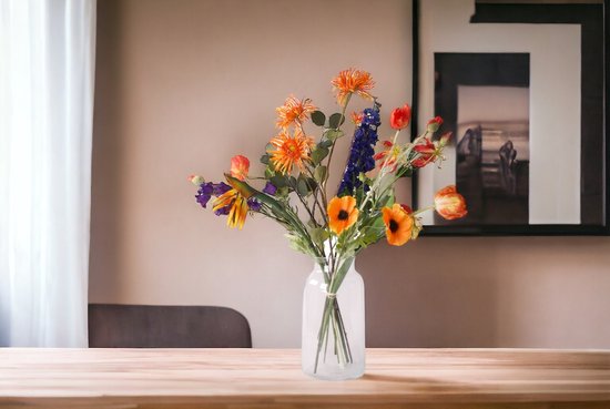 WinQ - PlukBoeket zijden bloemen inclusief Vaas- Kunstbloemen in een mooie Rood/ Blauw/ Oranje kleurstelling- Compleet met Glasvaas