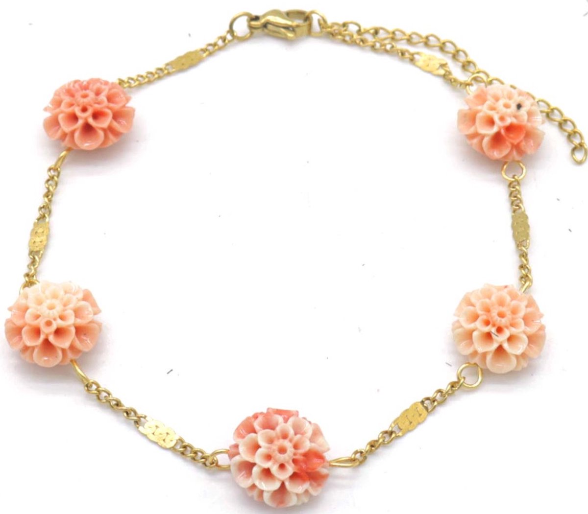 Enkelbandje met Bloemen - RVS - Anklet - Lengte 22-28 cm - Goudkleurig