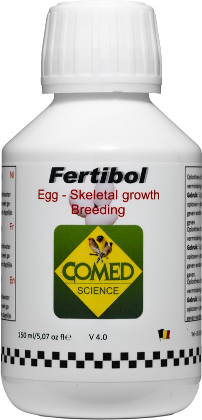 Witte fles met "Fertibol Egg - Skeletal growth Breeding" opschrift en groen COMED logo met vogels.