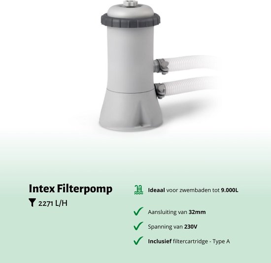 Intex filterpomp grijs met witte details, 2271 L/u capaciteit, 32mm aansluiting en 230V spanning.