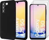 Hoesje geschikt voor Samsung Galaxy A25 / A24 - 2x Screenprotector Glas - Mat Back Case Zwart