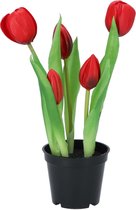DK Design Kunst tulpen Holland in pot - 5x stuks - rood - real touch - 26 cm - levensechte kunstbloemen