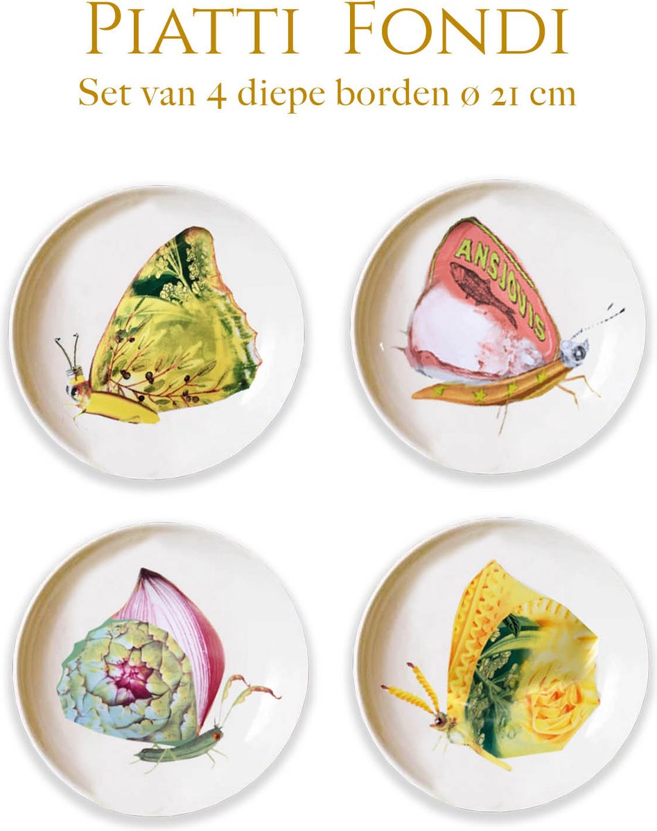Bordy's - Pastakom ⌀21cm (set van 4) - Diepe borden - pastaborden - La dolce vita di una farfalla vlinders - porselein - Bordys