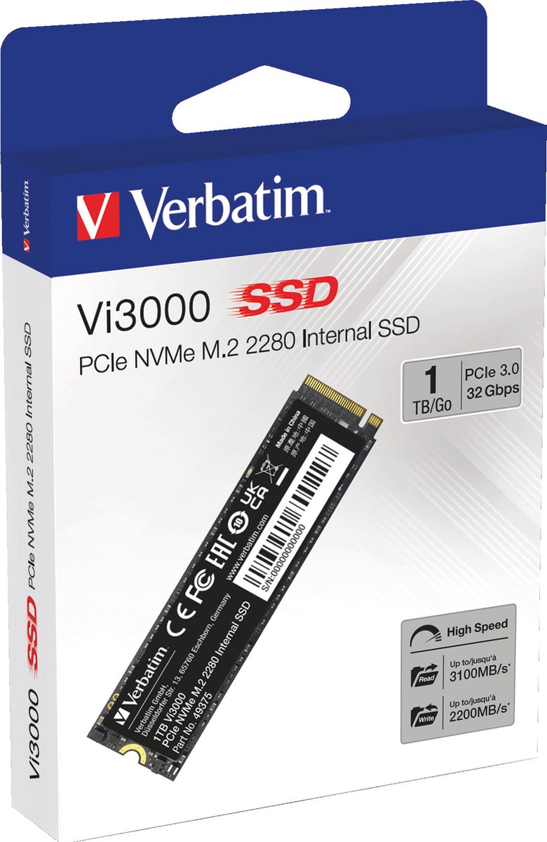 Verbatim Vi3000 1 TB NVMe/PCIe M.2 SSD 2280 harde schijf PCIe NVMe 3.0 x4 Retail 49375