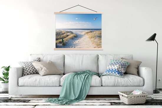 Porte-affiche avec affiche - Affiche scolaire - Dune - Mouette - Plage - Mer - Soleil - 150x113 cm - Lattes noires