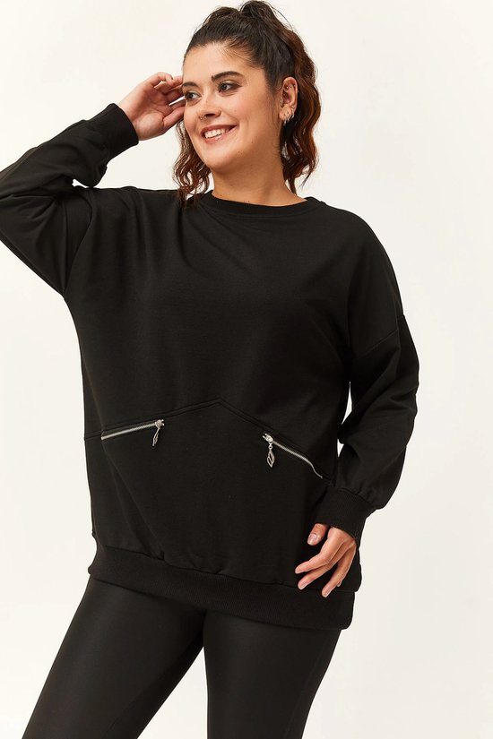 Dames Plus Basic Sweatshirt met Ritssluiting en Zakdetails - Grote